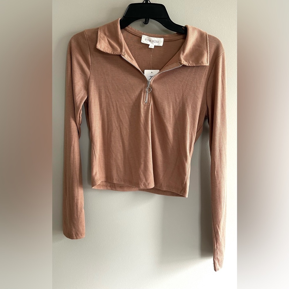 NWT pink rose ribbed cropped quarter zip collared long sleeve pink shirt size L